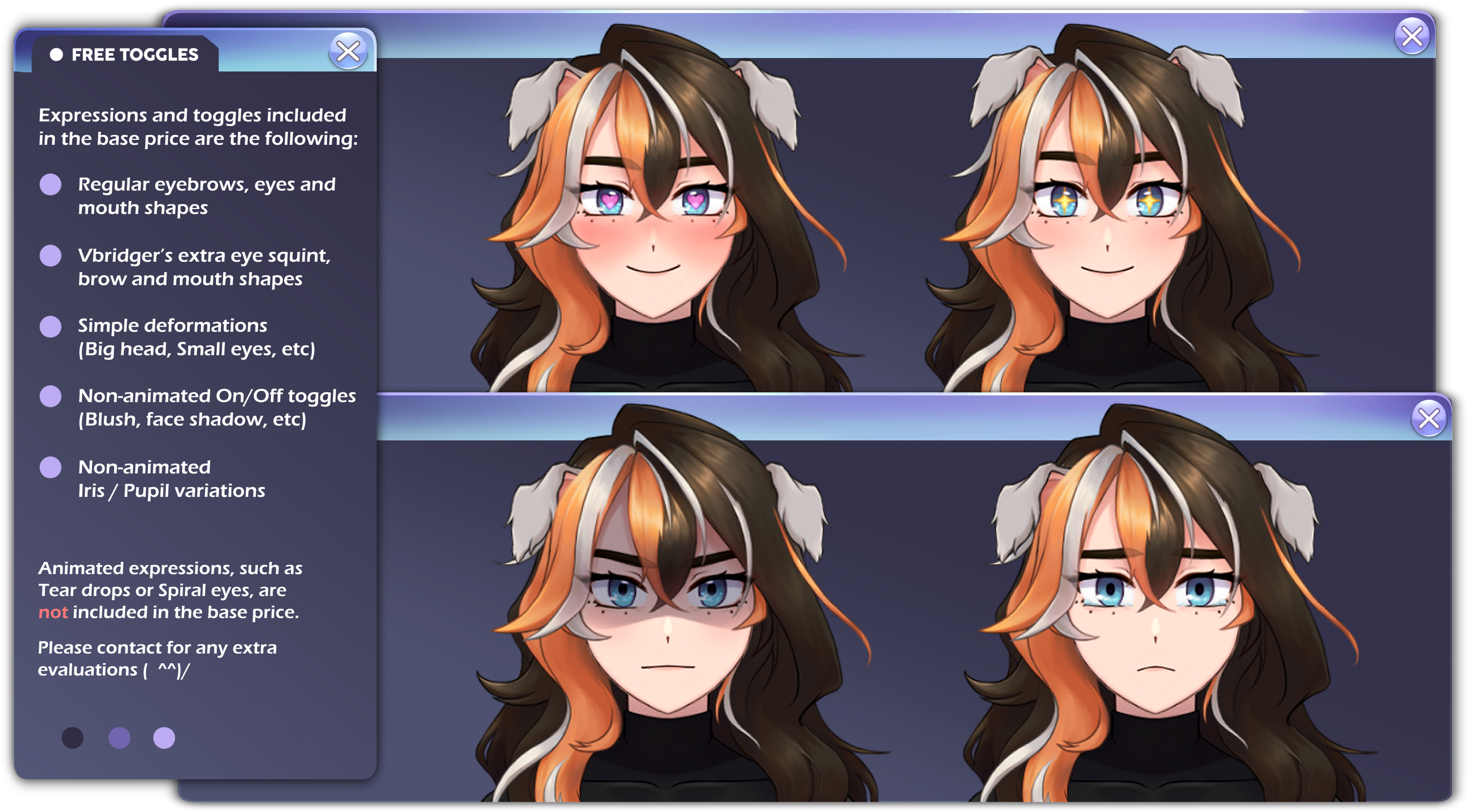 1: Regular eyebrows, eyes and mouth shapes. 2: Vbridger’s extra eye squint, brow and mouth shapes. 3: Simple deformations (Big head, Small eyes, etc). 4: Non-animated On/Off toggles (Blush, face shadow, etc). 5: Non-animated Iris / Pupil variations.